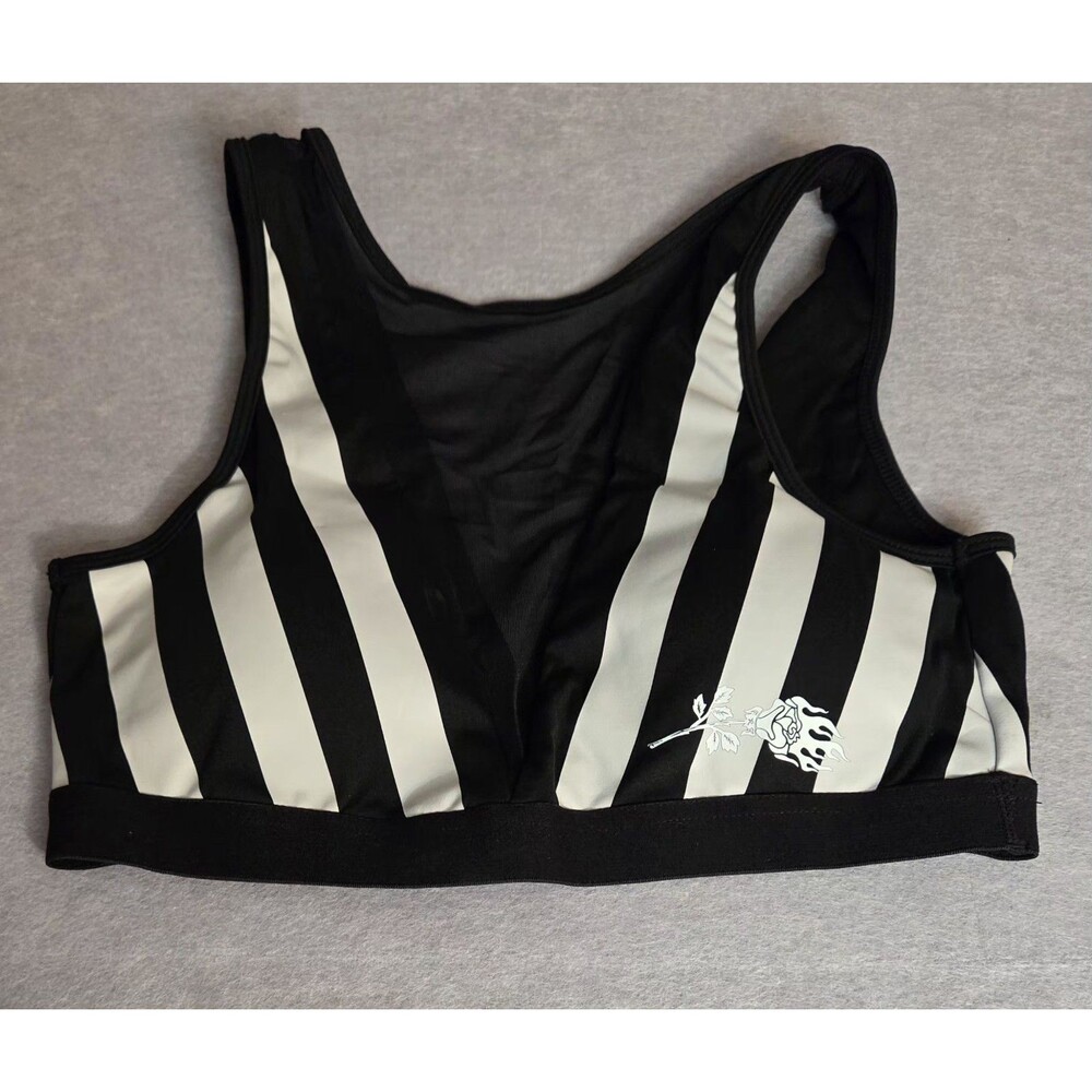 CIVIL REGIME Women’s Black White Striped Sports Bra Sz M  Flaming Rose NWOT